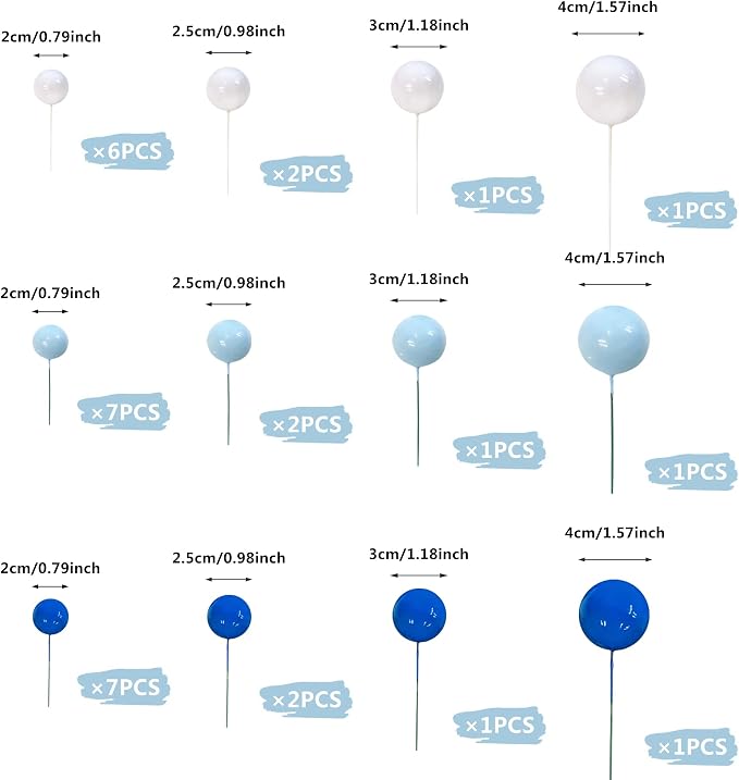 32 PCS Ball Cake Picks Colorful Ball Shaped Cake Topper Pearl Balls Cupcake Cake Insert Topper for Birthday Party Wedding Decoration Supplies Blue White Dark Blue