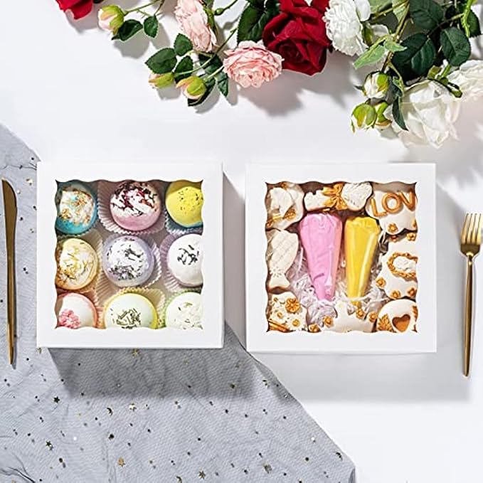 RomanticBaking 15pcs 8x8x2 Inches Bakery Boxes with Window Cookies Boxes Chocolate Covered Strawberries Box Bakery Treat Box Packaging for Cakesickle Pie Chocolate Truffle Easter
