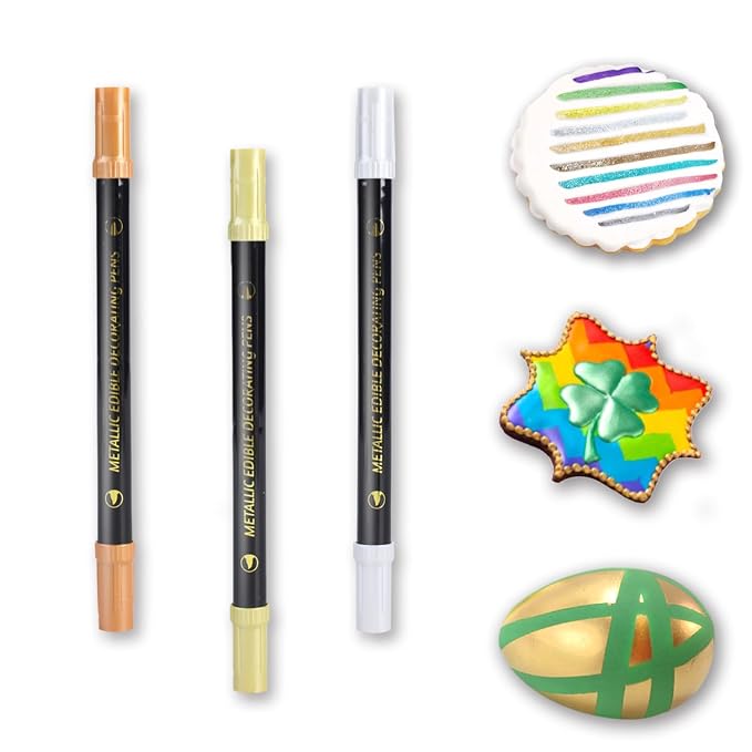 Edible Metallic Markers, 3Pcs Food Shimmering Color Pens With Dual Tips For Cookie/Cake/Cupcake/Fondant/Baking Decorating By Preatoc (GOLD, SILVER, ROSE GOLD, SET OF 3)