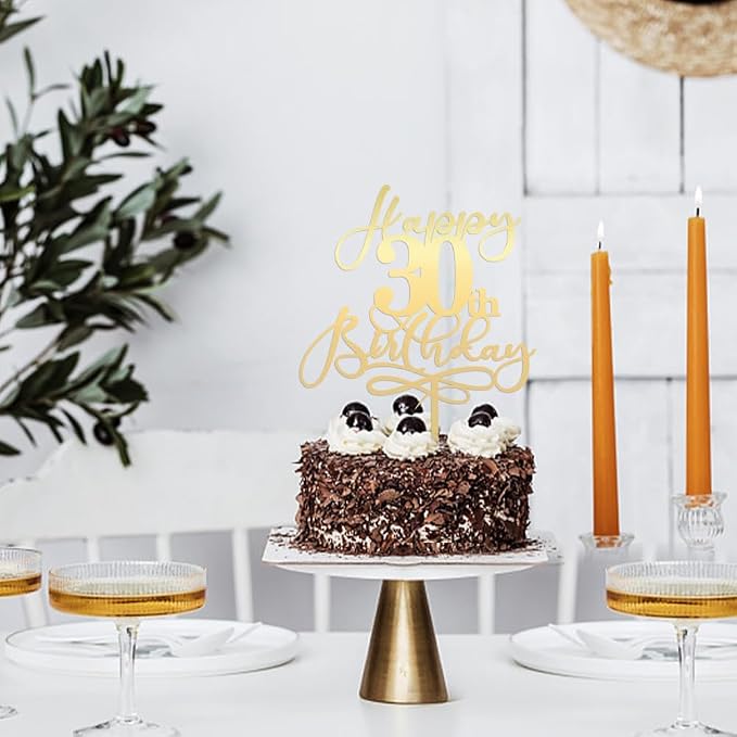 Happy 30th Birthday Cake Topper,Mirrored Gold Acrylic Durable Cake Topper，Hello 30, Cheers to 30 Years/30th Anniversary,30th Birthday Party Cake Decorations，Birthday Party Decorations