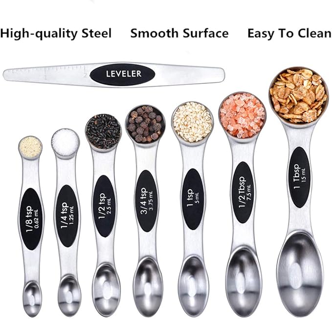 Stainless Steel Baking Tools, Magnetic Double-Headed Measuring Spoons, Seasoning Measuring Spoons With Scraper (8 PCS,Multicolor)