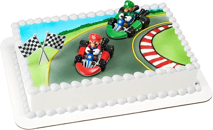 DecoSet® Mario Kart™ Cake Topper, 3 Piece Cake Decoration with Race Kart Toppers & Checkered Flag Decoration, Collectible Character Karts for Hours of Fun After the Party