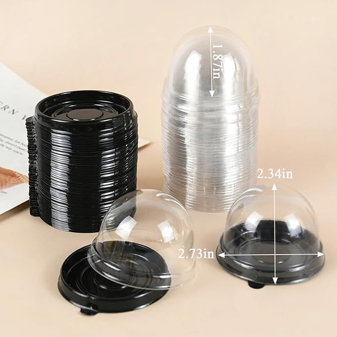 50Pcs Clear Plastic Mini Cake Box with Dome Lids, Mini Muffin Container Box Mooncake Dome Box Pastry Baking Packaging Boxes Wedding Birthday Gifts Supplies (Black Base)