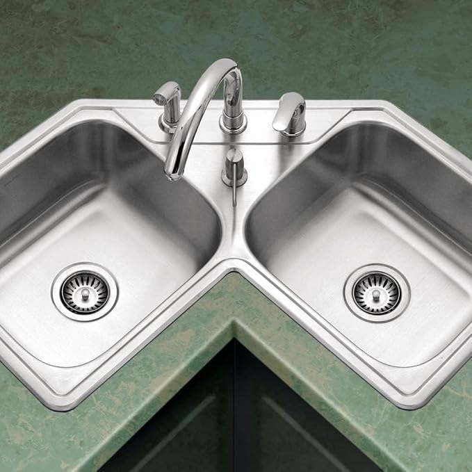 Houzer Legend Stainless Steel Kitchen Sink: 32 Inch Drop-in Topmount 4-Hole 50/50 Double Bowl Corner Kitchen Sink with Strainer, Durable & Versatile, Essential for Home & Apartment: LCR-3221-1
