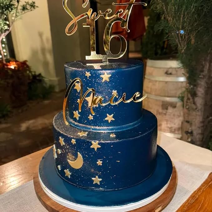 Golden Acrylic Sweet 16 Happy Birthday Cake Topper, 5.9 x 3.54inch Sixteenth Birthday Cake Decoration Cheer to 16th Fancy Cake Decor
