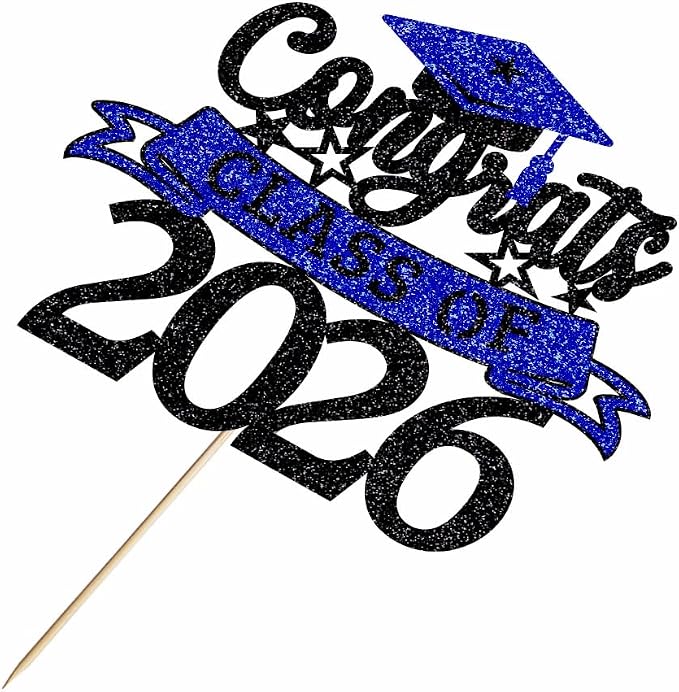 Glitter Class of 2026 Cake Topper，Congrats Grad Decorations， 2026 Happy Graduation High School/College/University Graduation Party Supplies Black and Dark Blue