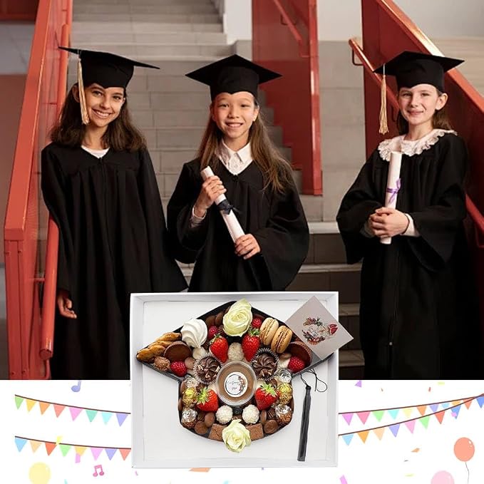 WENPACK 2025 Cardboard Grad Cap Shaped Charcuterie Mache Treat Packaging Strawberries Sweets Gift Box with Clear Lid (Black, Grad Cap)