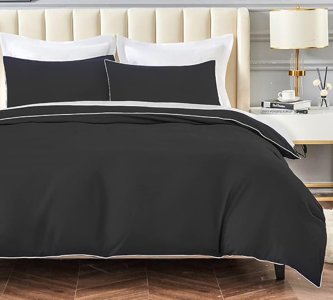 DAUAOTO Twin/Twin XL Bedding Set - 1 Duvet Cover + 1 Pillow Sham, Black with Decorative White Piping, Dorm Microfiber Bedding