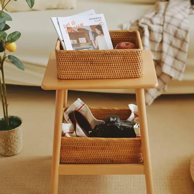 3 Sizes Rectangular Rattan Storage Baskets Handmade Woven Nesting Wicker Baskets for Decor Fruit Tray and Snack Storage Box (Small Basket)