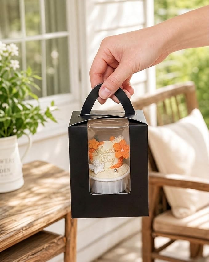 Bakepacker Auto-pop up Individual Cupcake Boxes with Window 60 Count Black Single Cupcakes Box 3.7 x 3.7 x 4.3inch Cupcake Carrier