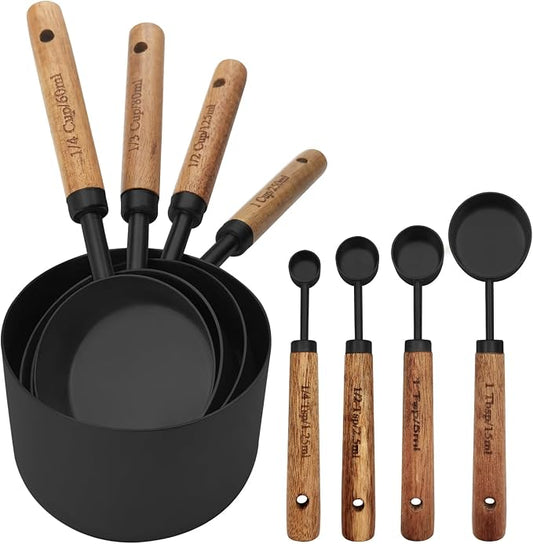 Black Measuring Cups and Spoons Set, Measuring Spoons and Measuring Cup Set for Cooking & Baking with Wood Handle