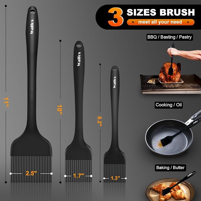 Walfos 3 Size Basting Brush, 600°F High Heat Resistant Silicone Pastry Brushes for BBQ, Baking, Kitchen Cooking, Desserts- BPA Free&Dishwasher Safe