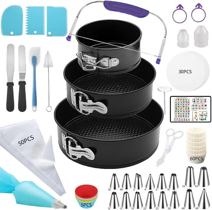 179PCS Cake Pan Set for Baking,3PCS Springform Round Cake Pans(4,7,9 Inch) | Non-Stick Springform Pan,65 Baking Cups,30Parchment paper liners,Piping Tips and Bags for Cake Decorating