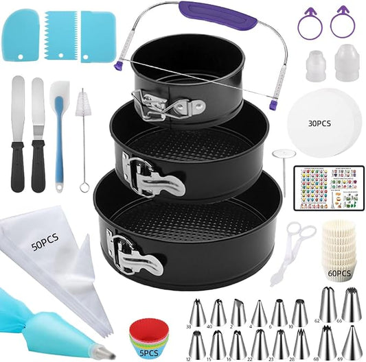 179PCS Cake Pan Set for Baking,3PCS Springform Round Cake Pans(4,7,9 Inch) | Non-Stick Springform Pan,65 Baking Cups,30Parchment paper liners,Piping Tips and Bags for Cake Decorating