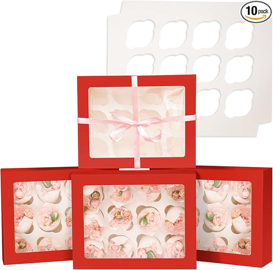 Bakepacker 12 Cupcake Containers 10-Packs Red Cupcake Box Cupcakes Carrier, 12 Cupcake Boxes with Window 13"x10"x3.5"（Auto-pop up）