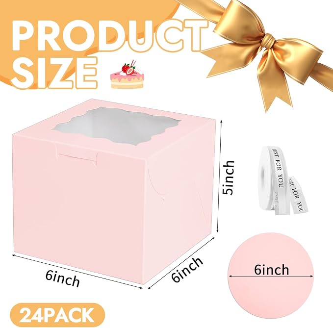 JCD 48PCS 6x6x5 Inches Cake Boxes,(24 Boxes &24 Boards) Pink Bakery Boxes with Window for Pastries,Cake Containers with Ribbon for Christmas Wedding Birthday Party (Pink/6 * 6 * 5inch/24pcs)