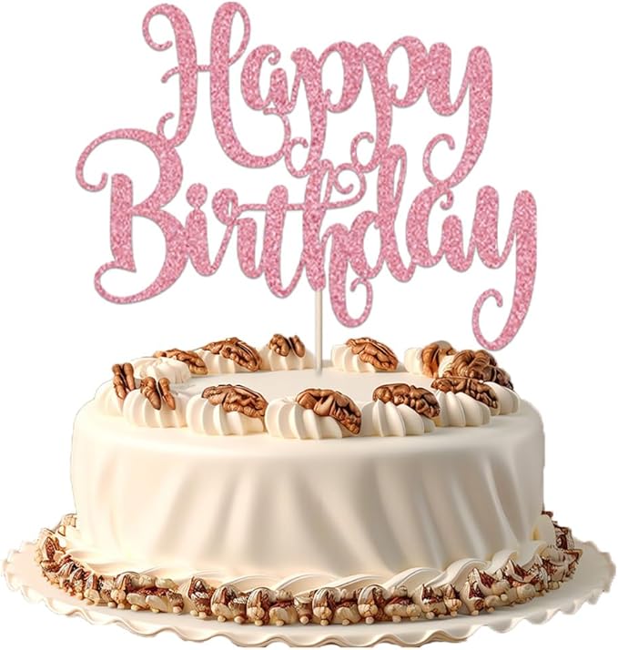 Happy Birthday Cake Topper- Glitter Happy Birthday Cake Decor, Handmade Anniversary/Birthday Party Supplies (pink)