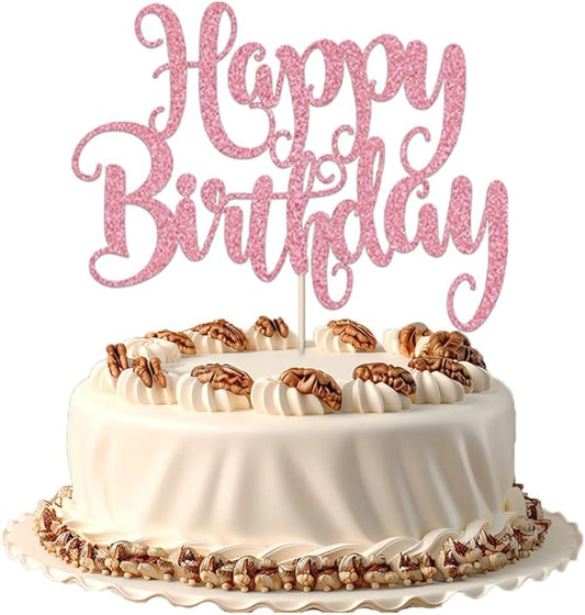 Happy Birthday Cake Topper- Glitter Happy Birthday Cake Decor, Handmade Anniversary/Birthday Party Supplies (pink)