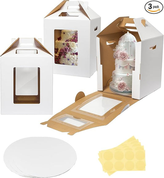 Wowxyz 3 Pack Tall Cake Boxes 14x14x16 Inches with Cake Board - Large Disposable Layer Baking Carrier Tier Bakery Take Out Transport Containers With Window for Wedding, Birthday, Party White