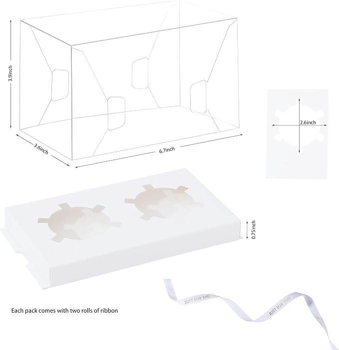 20 Packs 2 Count Clear Cupcake Boxes Cup Cake Holder Containers with Gift Ribbon Cookies Muffins Packaging for Party Baking Wedding plastic Cupcake Carrier for Treat Dessert