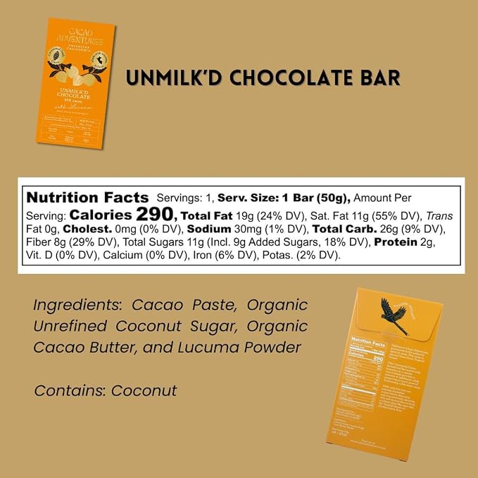 Cacao Adventures - Plant based milk chocolate | Unmilk'd Chocolate Bar with Lucuma | Dairy Free Milk Chocolate | Ceremonial Grade Cacao | Natural | Ethically Sourced Sustainably Grown | (1.76 oz - Pack of 10)