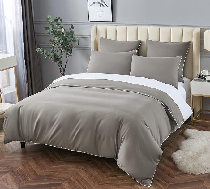 DAUAOTO Duvet Cover Full/Queen Set, Gray Microfiber Bedding with Contrasted White Piping, 1 90"X90" Cover + 2 20"X26" Shams