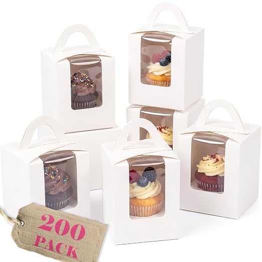 qiqee Auto-pop White Cupcake Boxes Individual Disposable 3.7"x3.7"x4.5" 200pcs Cupcake Disposable Single Box with Window