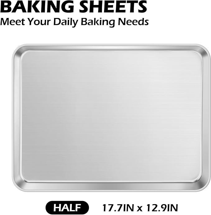 Leonyo 17x13IN Stainless Steel Baking Sheets, 2 Pack Stainless Steel Half Sheet Pan for Baking Cookie, Commercial Grade Metal Toaster Oven Tray for Oven, Non Toxic & Dishwasher Safe