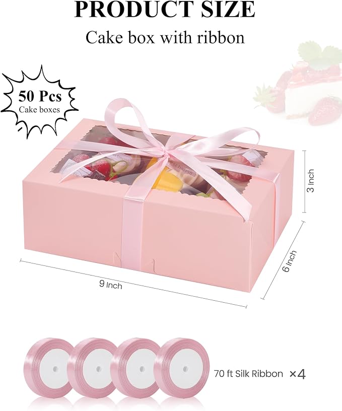 COTOPHER 50Pcs Cookie Boxes with Ribbons, 9x6x3 Inch Bakery Boxes with Window, Pink Treat Containers for Pastries, Chocolate Covered Strawberries, Dessert, Easter Candy, Muffins, Donuts