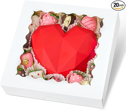 Kucoele Pie Boxes with Window, 10 x 10 x 2.5 Inches, 20 PCS, White | Auto-Popup, Bakery Boxes, Cookie Boxes, Treat Boxes, For Chocolate Strawberries, Pastries, Muffins, Donuts