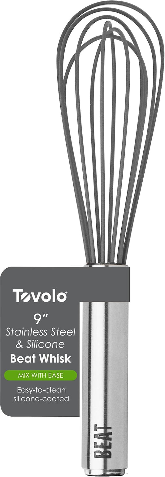 Tovolo Whisk 9 Inch Heavy Duty Silicone Wire Stainless Steel Whisker for Cooking Baking Blending Mixing Stirring Whipping Whisking, Dishwasher Safe Multi Use Classic French Wire Whisk, Charcoal Gray