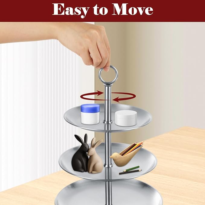 3 Tier Stainless Steel Cupcake Stand, Silver Cup Cake Tower Stand, Metal Serving Tray with Base, Tiered Cake Display Holder Dessert Stand for Table Decorations Wedding Party Birthday