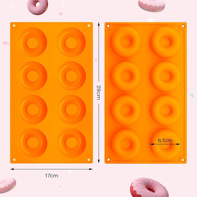 2er Pack Silicone Donut Mold - Non-Stick Silicone Doughnut Pan DIY Chocolate Baking Cookie Molds, Heat Resistant, Make Donut Cake Biscuit Bagels, BPA Free Dishwasher Safe (orange, 8 Cavities)
