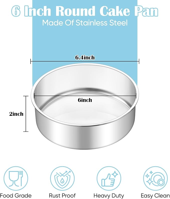TeamFar 6 Inch Cake Pan, 6 Pcs Cake Pan Set Round Baking Pan Stainless Steel for Baking Steaming Serving, Fit in Oven Pressure Cooker Air Fryer, Healthy & Heavy Duty, Easy Clean & Dishwasher Safe