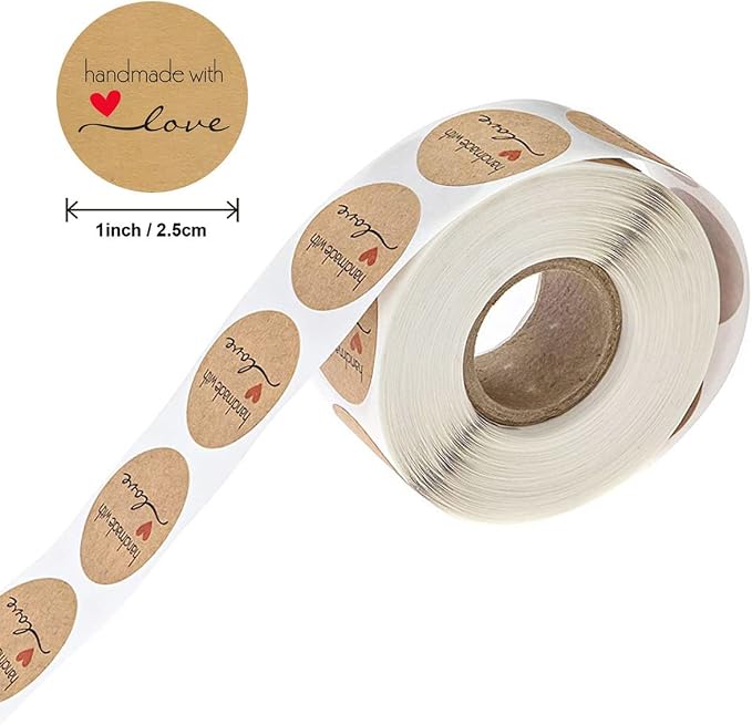 Handmade Stickers Rolls - 4 Rolls 2000 Pieces Handmade with Love Stickers Labels for Envelopes, Bubble Mailers Gift Bags Packaging Party Wrap Decor, 1 Inch，500 Pieces Each Roll