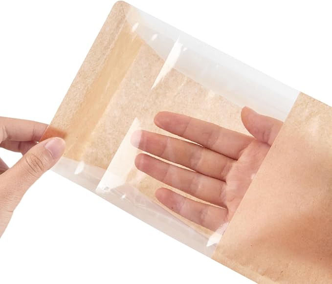 Ocmoiy 50Pcs Bakery Bags with Window, Resealable Tin Tie Tab Lock Bread Storage Bag, Clear Front Snack Bags for Packaging Cookies, Loaf, Popcorn, Paper Treat Bags