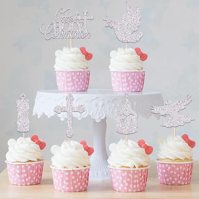 24 piece Silver glitters First Holy Communion Cupcake Toppers Glitter Dove Cross God Bless Cupcake Picks Christian Baby Baptism Theme Cake Decorations for Baby Shower Birthday Party