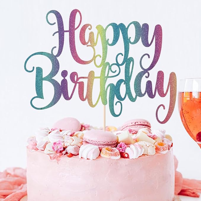 Gradient color Happy Birthday Cake Topper- Glitter Happy Birthday Cake Decor, Handmade Anniversary/Birthday Party Supplies (Color)