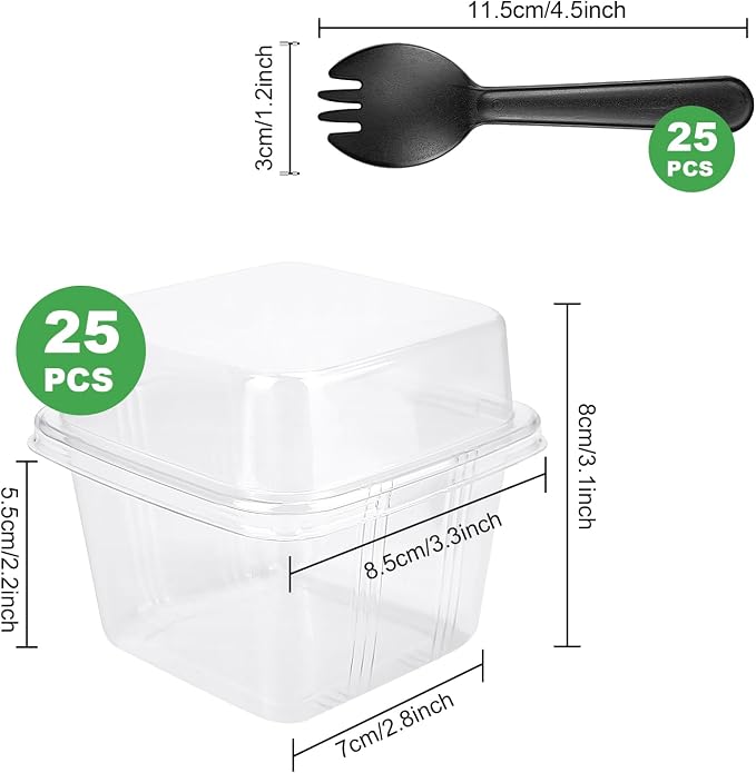 YOIYINI 25Pcs 8oz Mini Square Clear Dessert Cups with Lids and Spoons,Plastic Ice Cream Containers,Fruit Cups with Lid for Party,Disposable Dessert Cups for Fruit,Salads,Cupcakes,Parfait,Pudding