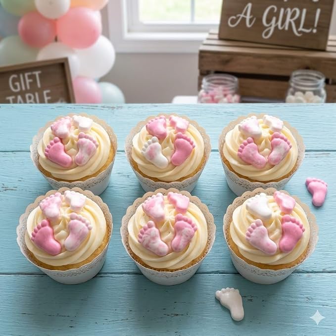 Oasis Supply Baby Shower Sprinkles & Sugar Shapes – Edible Decorations for Cakes, Cupcakes, and Cookies – Gender Reveal, Boy, Girl, and Neutral Party Baking Decorations - Pink Baby Feet