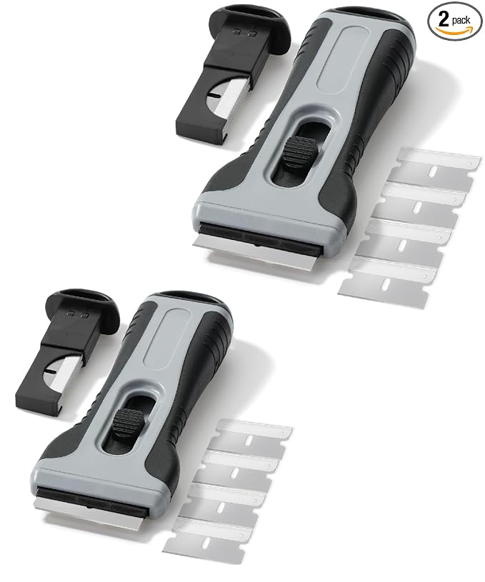 Bates- Razor Blade Scraper Tool, 2 Pack, Gray, 30 Extra Carbon Steel Blades, Anti-Slip Ergonomic Handle Design, Razor Scraper with Buid-In Blade Storage for Cleaning Window, Paint, Oven, Glass Stove