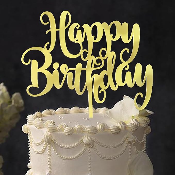 Happy Birthday Cake Topper- Glitter Happy Birthday Cake Decor, Handmade Anniversary/Birthday Party Supplies (Acrylic gold)