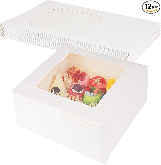 WAYASDCU 12 Piece Cardboard White Cake Boxex | 14 x 14 x 6 Inch | Large Bakery Boxes | Disposable Cake Containers | with Window | White Boxes