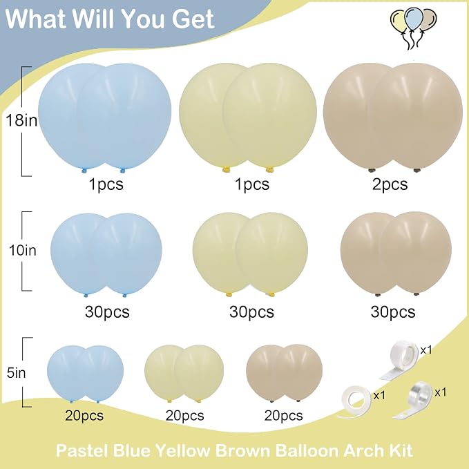 Pastel Blue Yellow Balloon Arch Kit 154pcs Macaron Baby Blue Pastel Yellow and Light Brown Latex Balloons for Baby Shower Bee Bear Theme Birthday Bridal Wedding Party Decorations