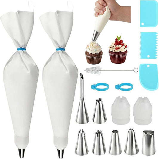17 Piece Piping Bags and Tips Set, 2 Pack 16 Inch Reusable Cotton Pastry Bags with 7 Medium Icing Tips, 3 Scrapers, Couplers, Ties and Brush for Cakes, Cupcakes and Cookies