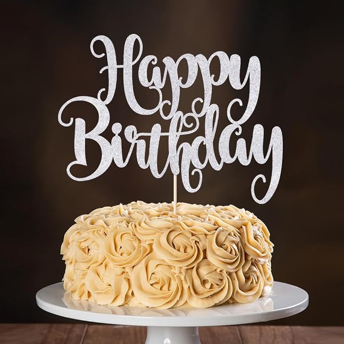 Happy Birthday Cake Topper- Glitter Happy Birthday Cake Decor, Handmade Anniversary/Birthday Party Supplies (Silver)