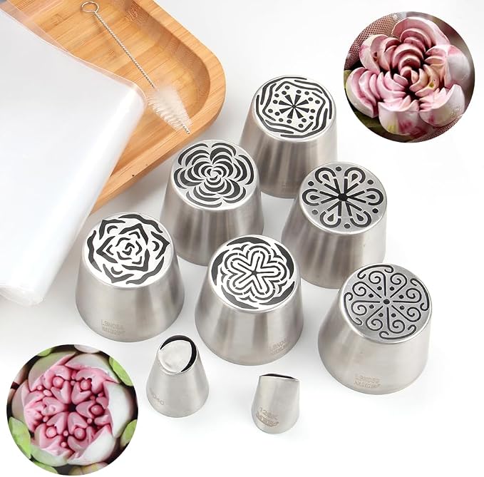 6 Pcs Stainless Steel Extra Large Russian Tulip Icing Tips Kit, Frosting Flower Piping Tips, 6 Russian Icing Tips,2 Cake Decorating Nozzles,1 Cleaning Brush,10 Disposable Pastry Bags for Baking