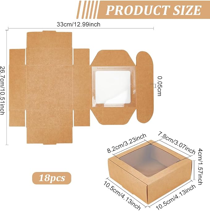 BENECREAT 18 Packs 4x4x1.6 Inch Brown Kraft Paper Box with Clear Windows Foldable Paper Gift Box Goodies Candy Box Dessert Box for Party Wedding Bakery Packaging