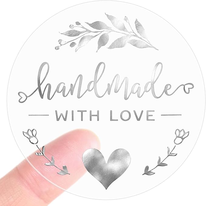 Handmade with Love Stickers 100 Pcs, Silver Foil Transparent Labels for Small Business Packaging, 1.6 Inch Round Thank You Stickers for Gift Wrap, Bakery Boxes, Envelopes (Silver Foil)