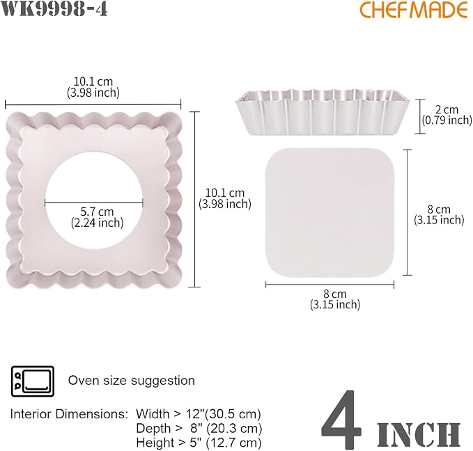 CHEFMADE Mini Square Tart Pan Set, 4-Inch 4Pcs with Removable Loose Bottom Non-Stick Square-shaped Quiche Bakeware for Oven and Instant Pot Baking (Champagne Gold)